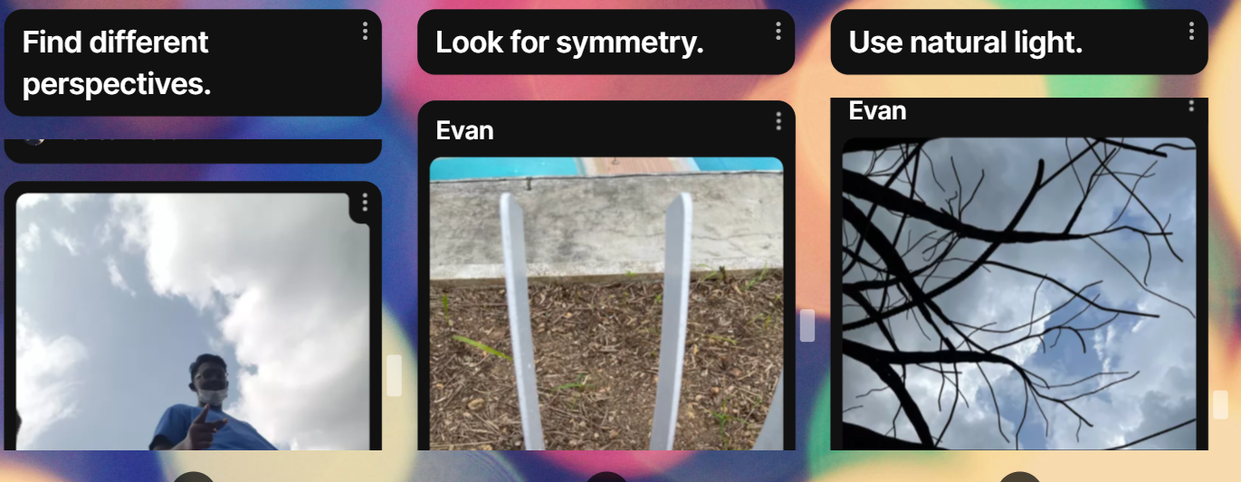 Three photography tips shown with sample photos: perspective shot, symmetric poles, and tree branches against sky.